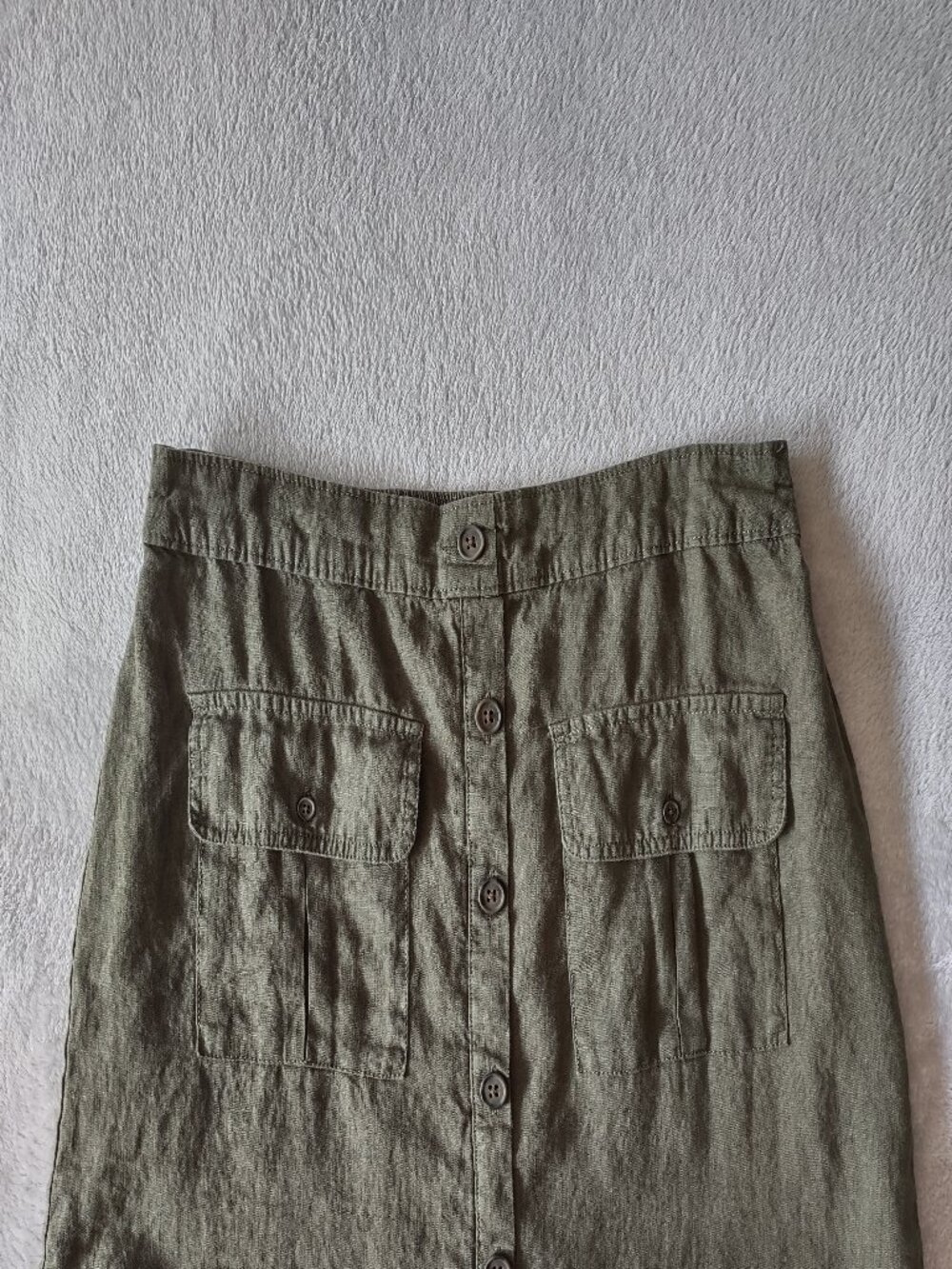 Nicole Miller Olive Green 100% Linen Button Front Utility Mini Skirt Size L